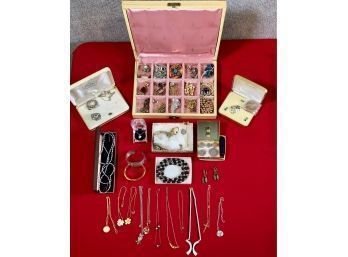 Assorted Costume Jewelry, Pink Lined Jewelry Box, And Petty Cash Coins (CTF10)