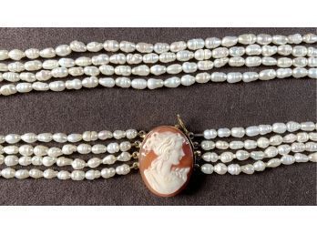 Vintage Four Strand Pearl Necklace, Gold And Cameo Clasp (CTF10)