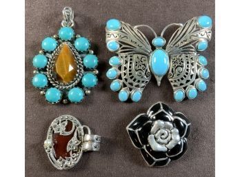 Three Sterling Silver Pendants And A Pin Set With Turquoise, Tiger Eye, Etc (CTF10)