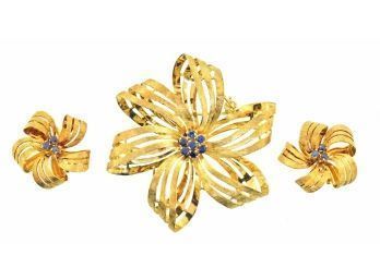 14k Yellow Gold Sapphire Pin & Matching Earrings (CTF10)