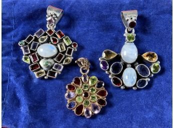 Three Stamped 925 Abstract Pendants Set With Assorted Cut Semi-precious Stones (CTF10)