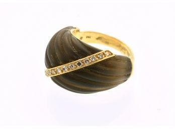 18k Gold Diamond And Carved Smokey Quartz Ring (CTF10)