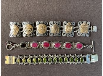 Three Sterling Bracelets: Two Set With Stones And A Mayan Example, 142 Grams (CTF10)