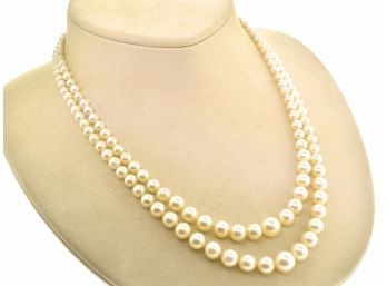 Double Strand Graduated Pearl Necklace W/gold & Diamond Clasp (CTF10)