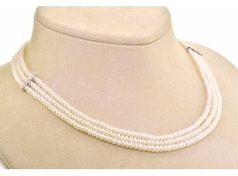 Triple Strand Seed Pearl & Diamond Necklace(CTF10)