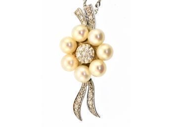 14k Gold Necklace W/ Diamond And Pearl Flower Pendant(CTF10)