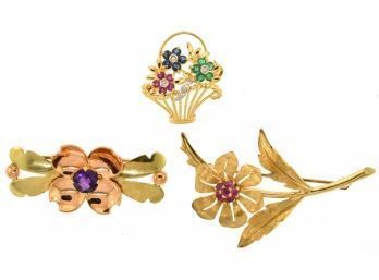 Three Gold & Gem Floral Pins ( CTF10)