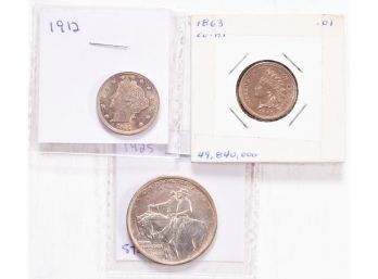 1863 Indian Cent, 1912 Liberty Nickel And 1925 Stone MT. Half (CTF10)