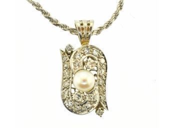 14k Necklace W/ Diamond & Pearl Pendant (CTF10)