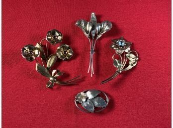 Four Vintage Floral Pins: Three Sterling And One Gold Filled Example (CTF10)