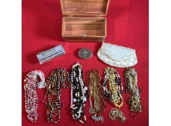 Assorted Costume Jewelry With Cedar Box, Silk Faux-Pearl Pouch, And Lipstick Applicator (CTF10)