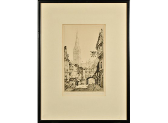Ernest Llewelyn Hampshire, Salisbury Cathedral/ High Street Gate, Pencil Signed Etching (CTF10)