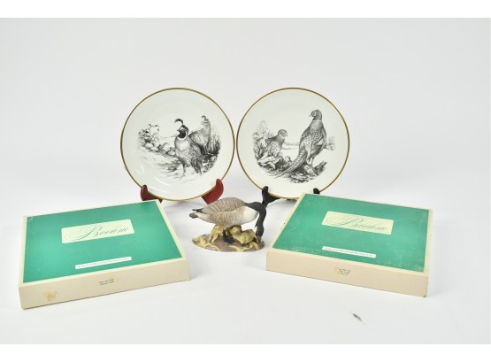 Two Boehm Porcelain Game Bird Series Plates & Mother Canada Goose Figure (CTF10)