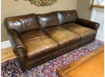 Restoration Hardware Three Cushion Brown Leather Sofa (CTF50)