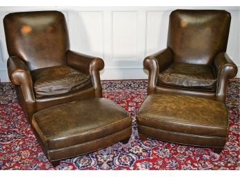 Pair Of Crate & Barrel Dark Green/brown Leather Club Chairs And Matching Ottomans (CTF50)