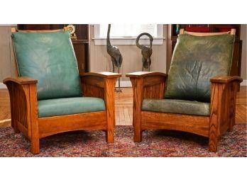 Pair Mission Style Oak Morris Chairs, Micheals Furniture Co. (CTF40)
