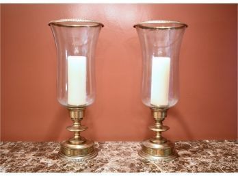 Brass Hurricane Style Candlesticks With Shades (CTF10)