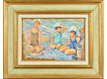 Oil On Board, Children At The Beach, Signed (CTF10)