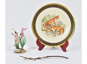 Boehm Porcelain Wildflower Sculpture, Red Foxes Plate, Pussy Willow Sprig (CTF10)