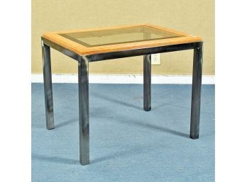 1980's Metal/wood End Table With Glass Top (CTF20)
