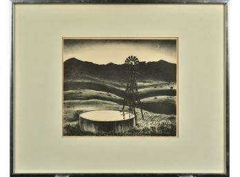Peter Hurd Lithograph, Windmill Well At Night (CTF10)