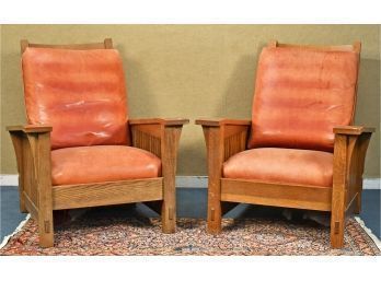 Pair Of Modern Stickley Oak Morris Chairs (CTF40)