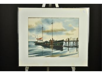S.D. Young Signed Harbor Scene, Watercolor  (CTF10)
