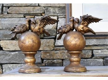 Contemporary Composite Ornaments, Love Birds On Spheres, Gilt Style Surface (CTF10)