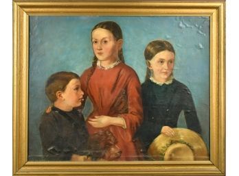 Antique Oil On Canvas Portrait Of Children (CTF10)