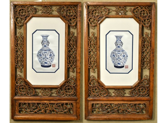 Fine Chinese Silk Needlework Embroideries Of Blue And White Vases In Carved Frames (CTF20)
