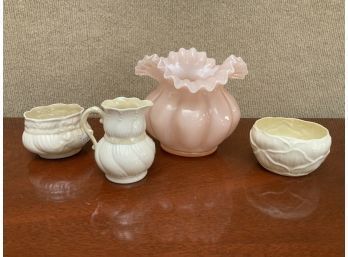 Three Pcs Of Belleek China, And  Pink Ruffled Vase  (CTF10)