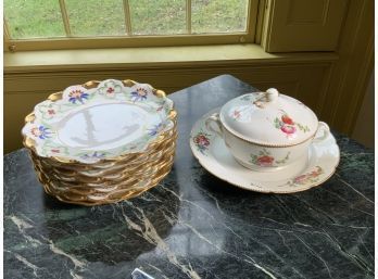 Limoges Flambeau Porcelain Plates & Early Covered Porcelain Dish W/Under Plate (CTF10)