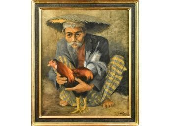 Santora Bali Oil On Canvas, Farmer With Rooster (CTF10)