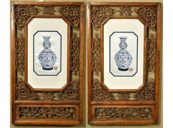 Fine Chinese Silk Needlework Embroideries Of Blue And White Vases In Carved Frames (CTF20)