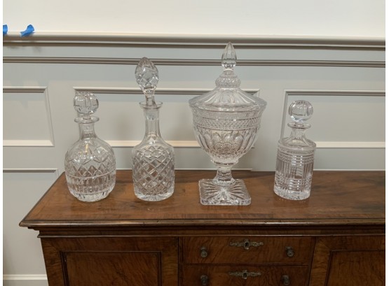 3 Cut Crystal Decanters & Covered Compote