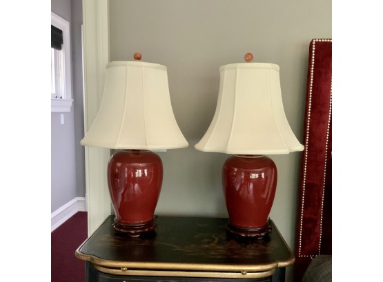 Pr. Chinese Style Oxblood Lamps W/ecru Shades