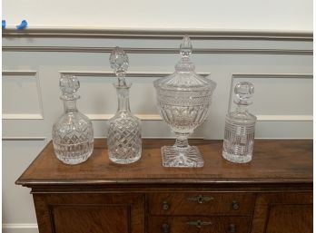 3 Cut Crystal Decanters & Covered Compote