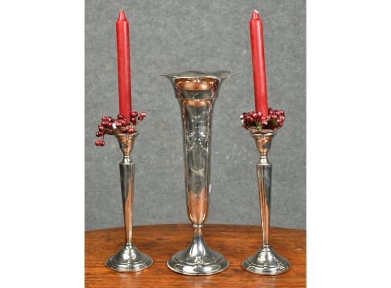 Weighted Sterling Candlesticks And Vase (CTF10)