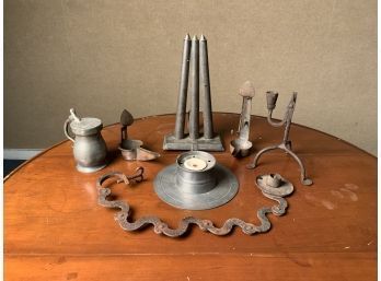 Early Lighting, Candle Mold And Pewter Lot, 7pcs (CTF10)