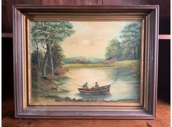 Primitive Oil Painting Of Two Men In Boat (CTF10)