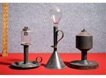Three Antique Tin Whale Oil Lamps (CTF20)