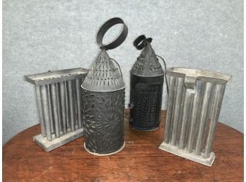 Two Pierced Tin Candle Lanterns And Two Candle Molds (CTF10)