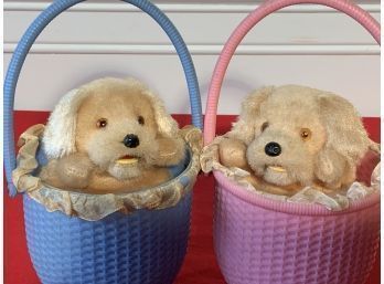 Two Vintage Mechanical Dogs In Baskets (CTF10)