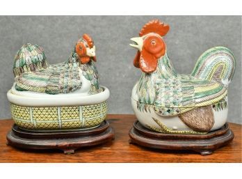 Two Chinese Porcelain Roosters On Nests (CTF20)