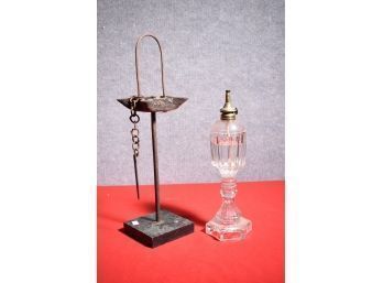 Early Iron Grease Lamp And A Clear Glass Oil Lamp (CTF10)