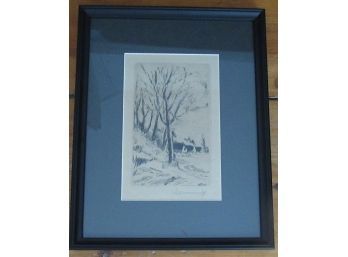 Signed Etching Of A Tree With Buildings In Background (CTF10)