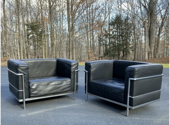 Pair Of Le Corbusier Style Leather And Chrome Chairs (CTF40)