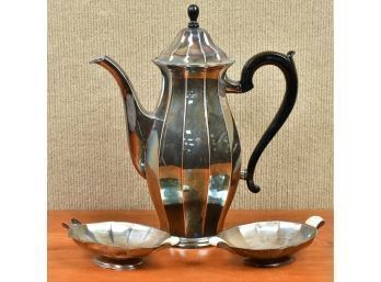 Continental Silver (800) Tea Pot, & Pair Of Nut Dishes, 28.7 Ozt (CTF10)