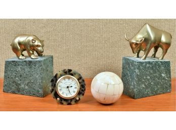Assorted Collectible Desk Top Items: Bookends, Clock, Etc. 4 Pieces (CTF10)