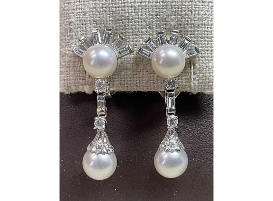 Lovely Vintage 14K Gold Diamond And Pearl Drop Earrings (CTF10)